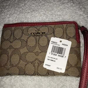 Coach Outline Corner Zip Wristlet Khaki/True Red